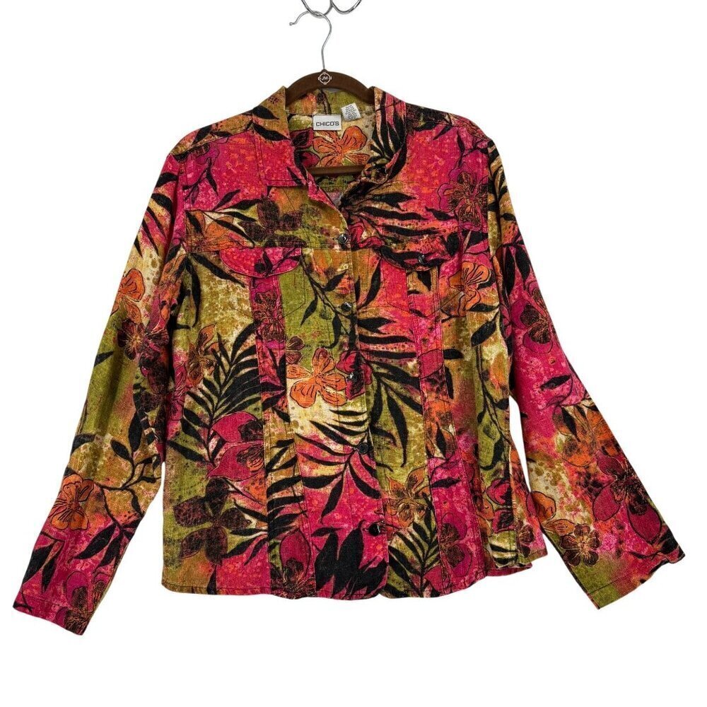 Chicos Womens Shirt Jacket Size L Linen‎ Bright Multicolor Floral Blazer